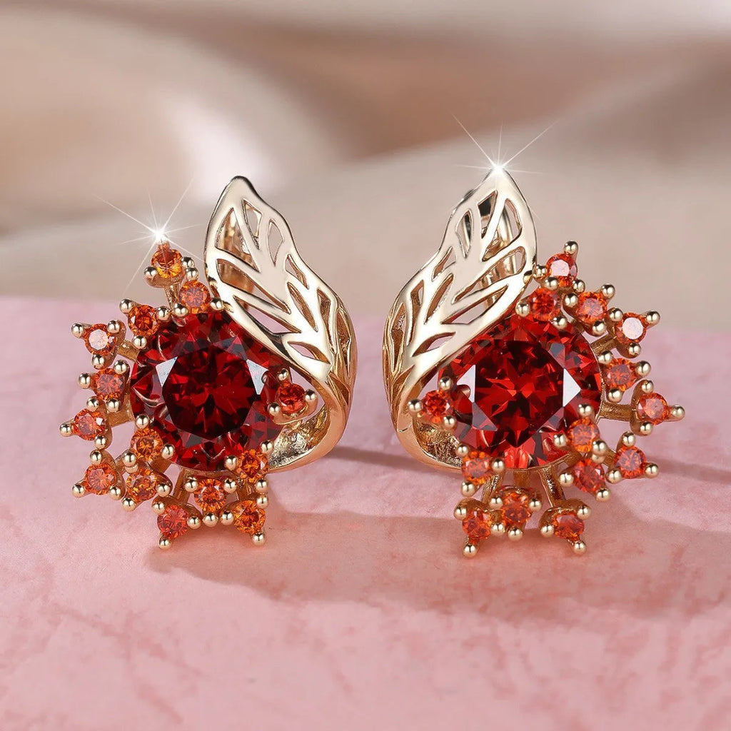 Round flowers feather zircon earrings for women with champagne gold electroplated copper and six colour options