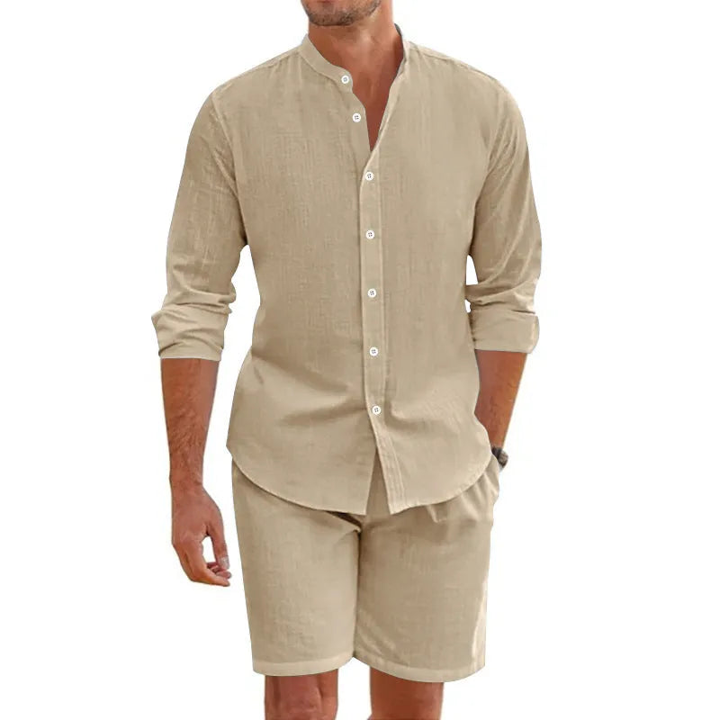 Men's linen blend summer shirt suit set with button-down top and drawstring shorts in multiple colour options