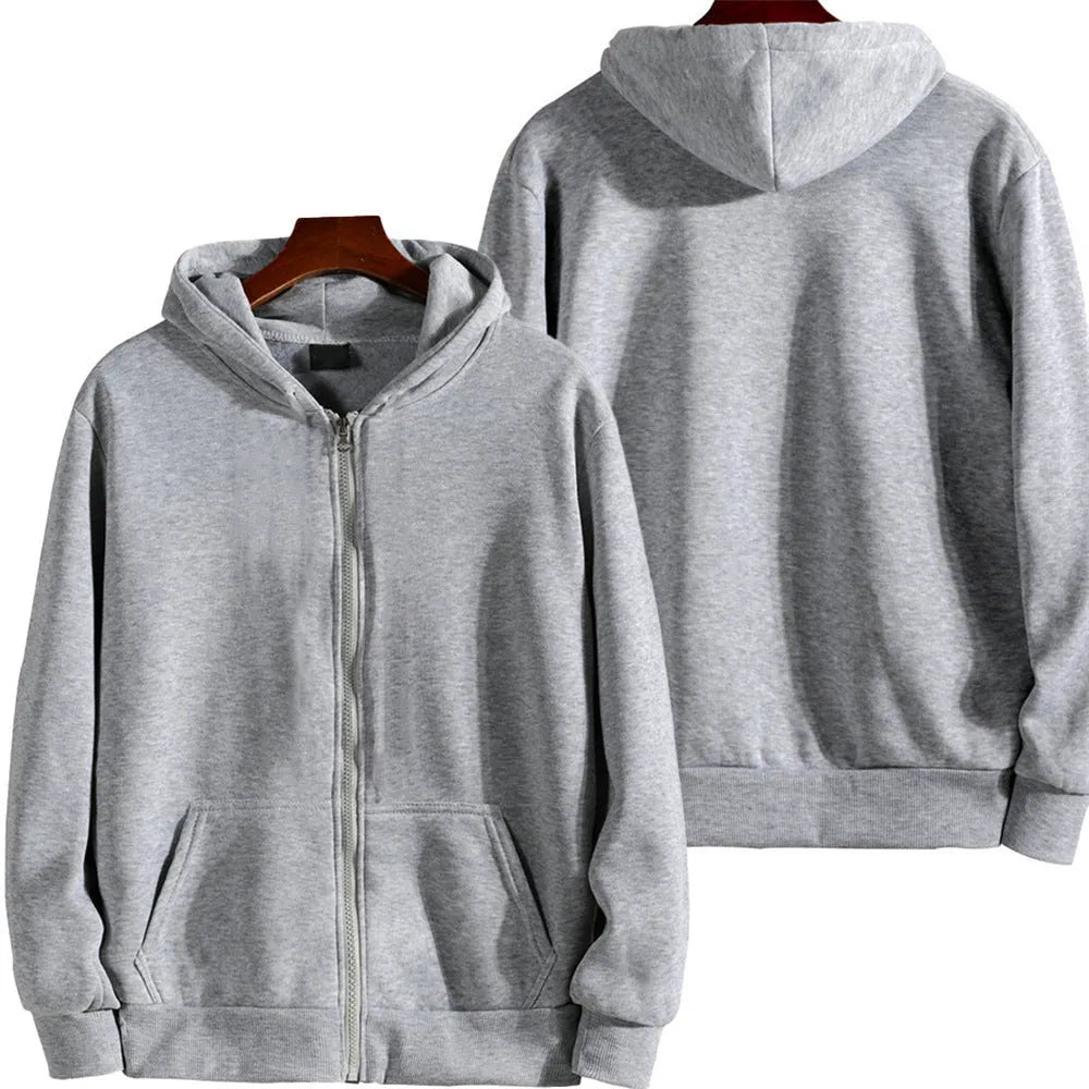 Men's solid colour loose sports zipper jacket in a cardigan style on a hanger.