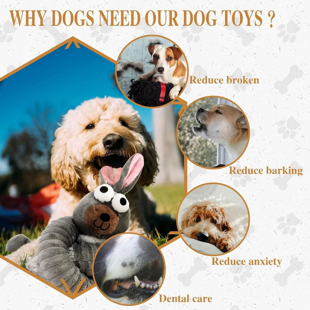 Brown, grey, and yellow plush squeaky dog toys with crinkle material for chewing.