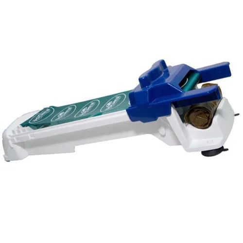 Blue plastic vegetable meat roller from Home Sushi Machine, 36cm by 10cm by 8cm, on a kitchen counter with English packaging