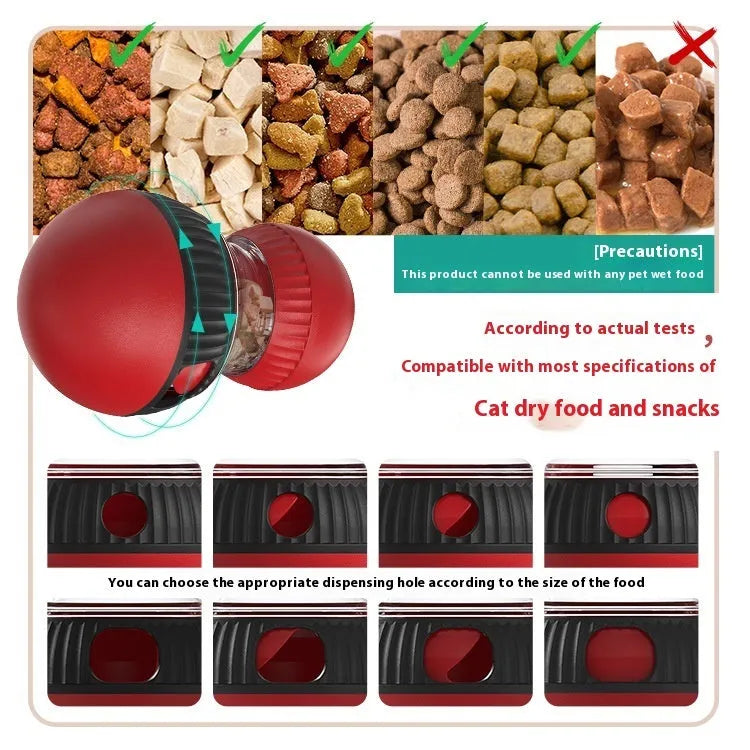 Rotating plastic cat toy with sound features and food-dropping mechanism in toy cat and super ball colours