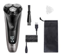 Men's electric shaver with three rotating floating cutter heads and pop-up sideburn trimmer