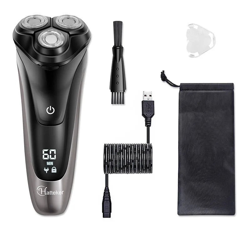 Men's electric shaver with three rotating floating cutter heads and pop-up sideburn trimmer
