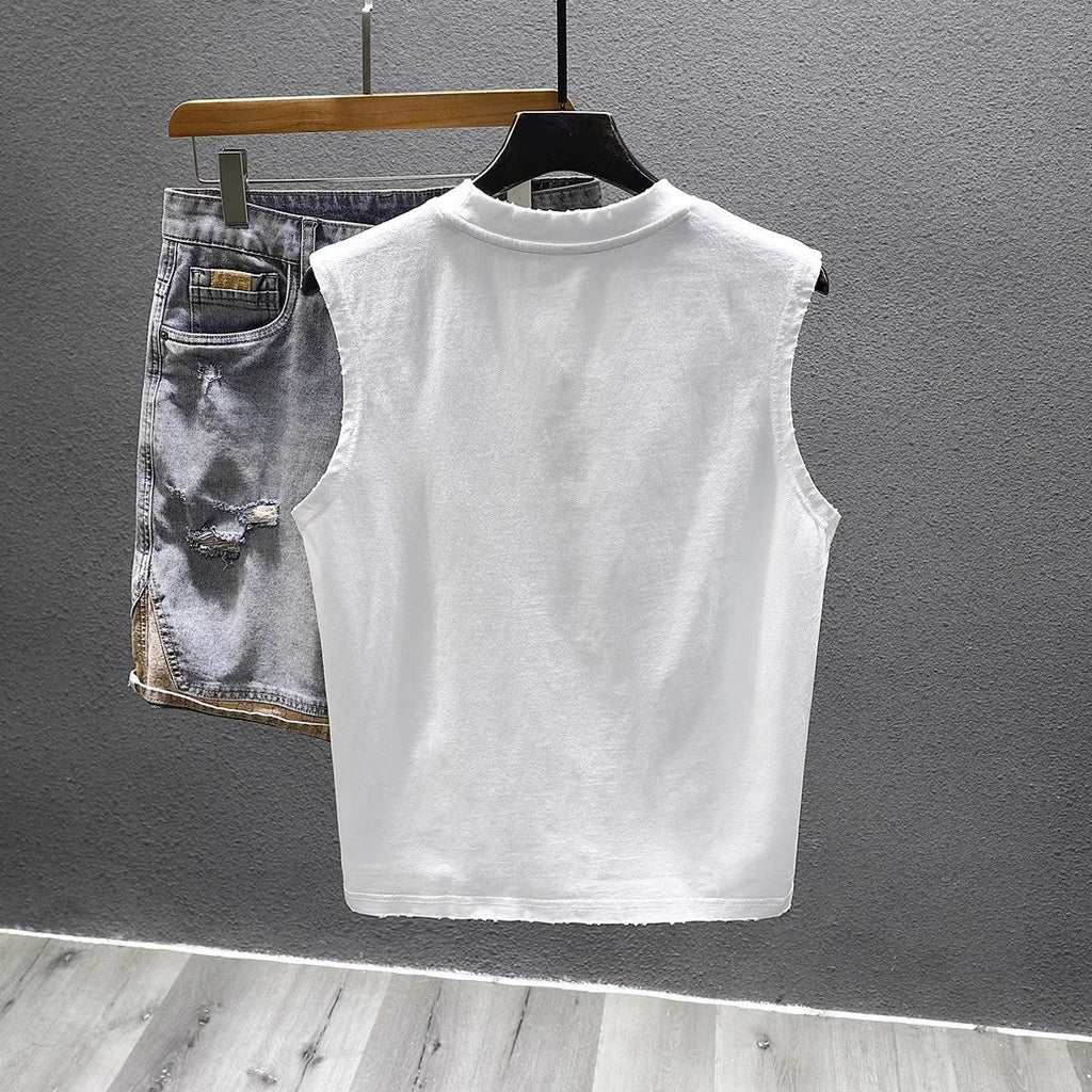 Men's black cotton sleeveless t-shirt with loose fit and straight hem design
