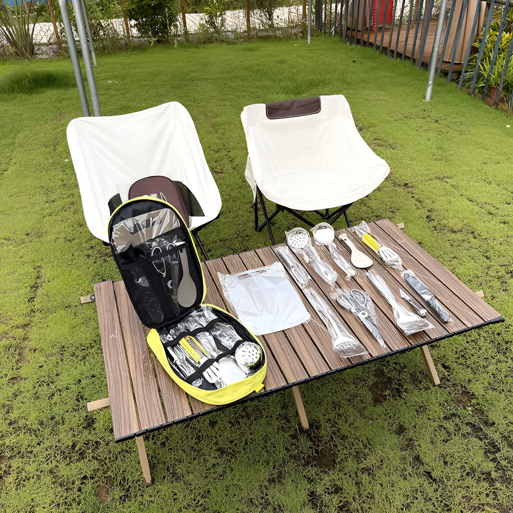 Portable 12 piece stainless steel picnic kitchenware set in storage bag for camping