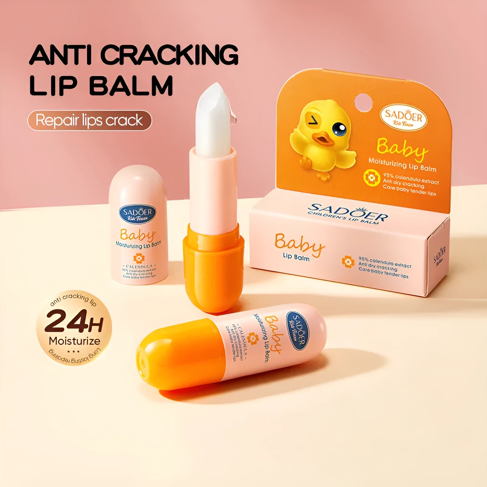 Anti-chapped moisturising lipstick stick in a twist-up tube with hyaluronic acid and vitamin E.