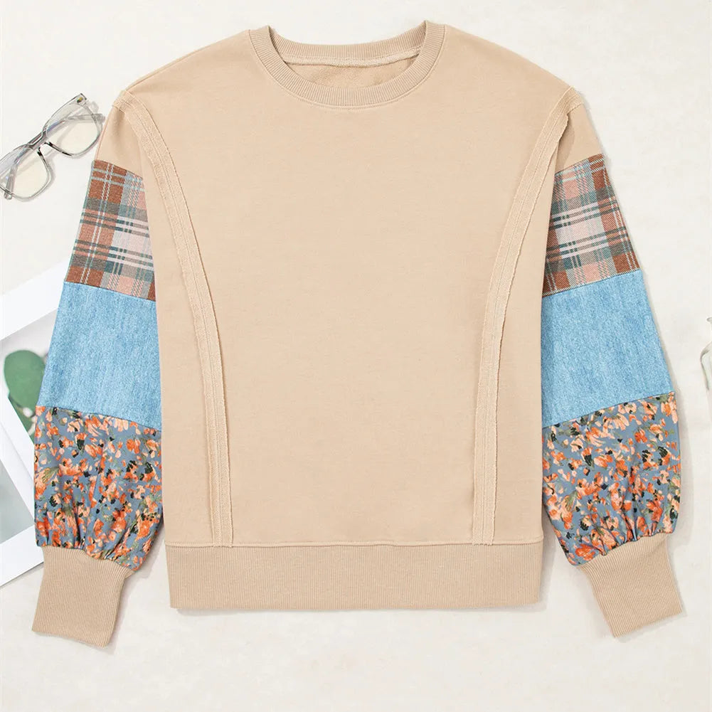 Women's plaid stitching long-sleeved polyester top in loose Japanese Korean casual style