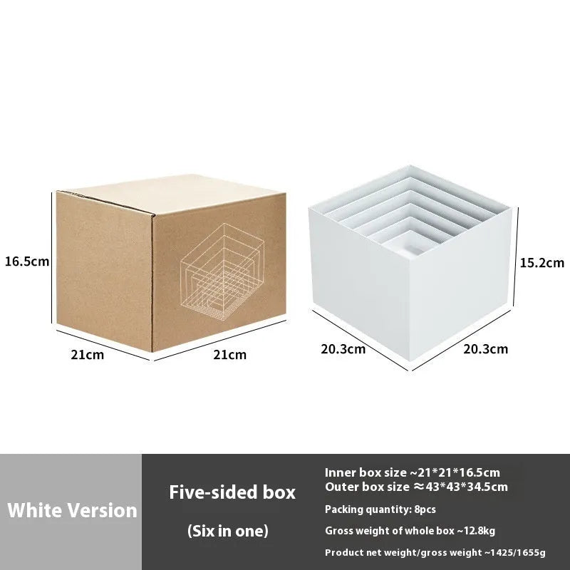 White plastic suit cube dessert display stand with six-piece arrangement for tabletop cake presentation