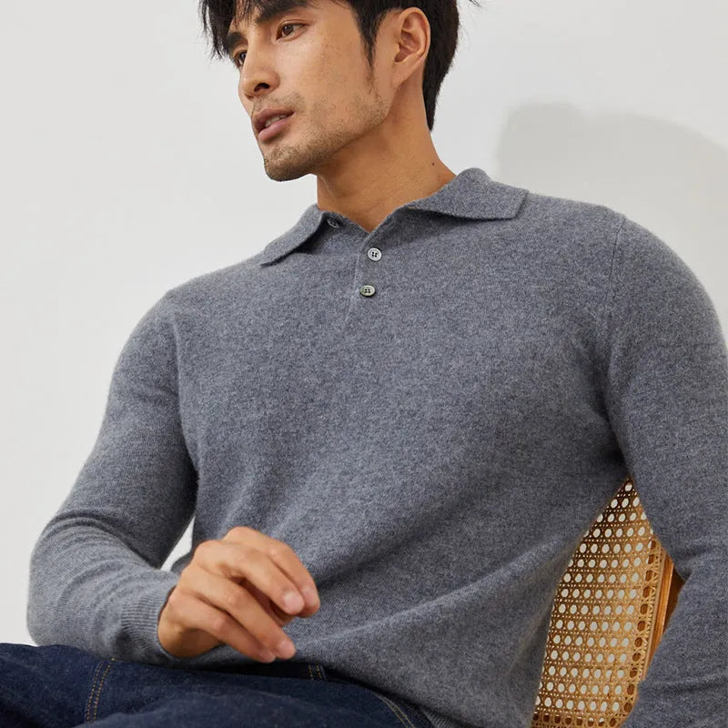 Men's loose fit cashmere pullover sweater with a polo collar in sapphire blue
