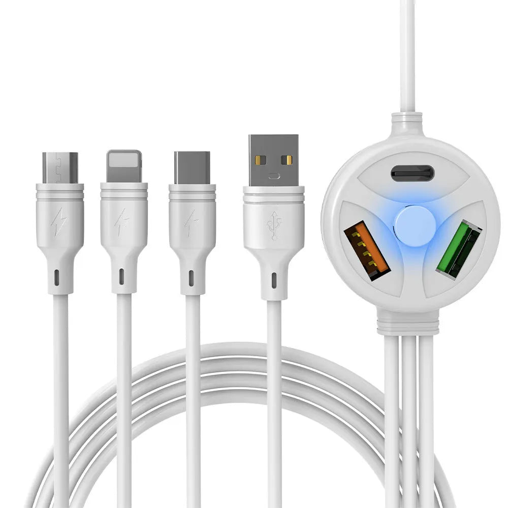 PD PVC mobile phone charging cable with three connector branches showing USB, Mini USB, Micro USB, and TYPE-C interfaces