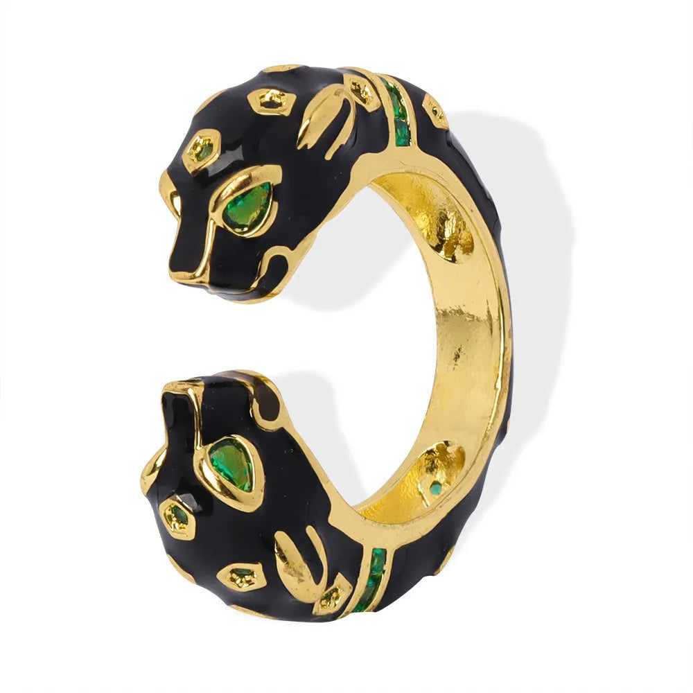 Black geometric cheetah pattern open ring for women, size 7