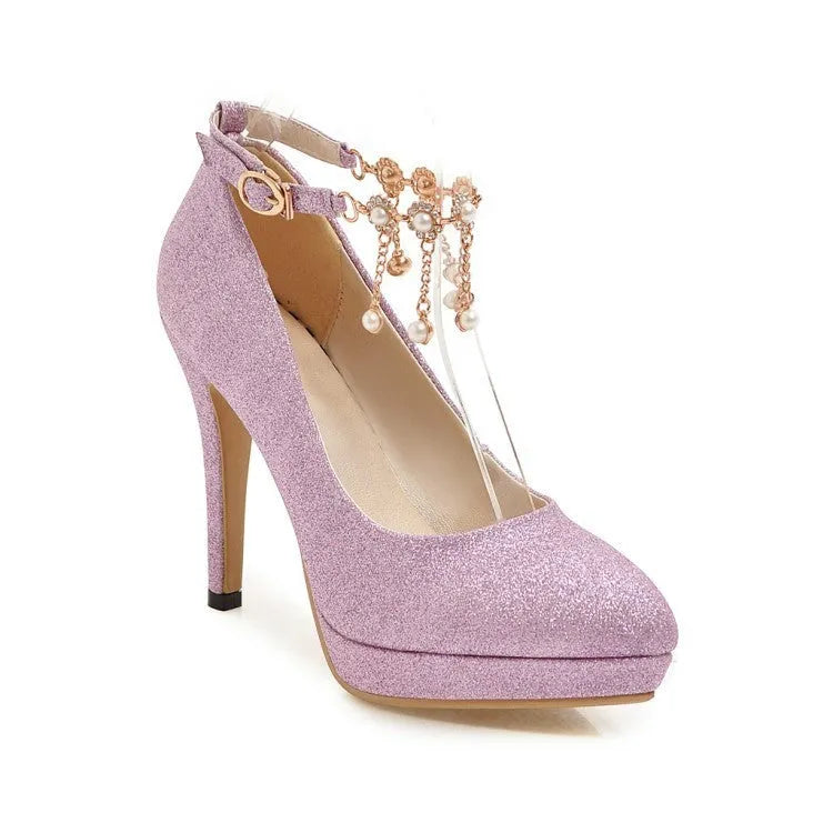 Women's blue platform high heels with stiletto heels and pointed toe design