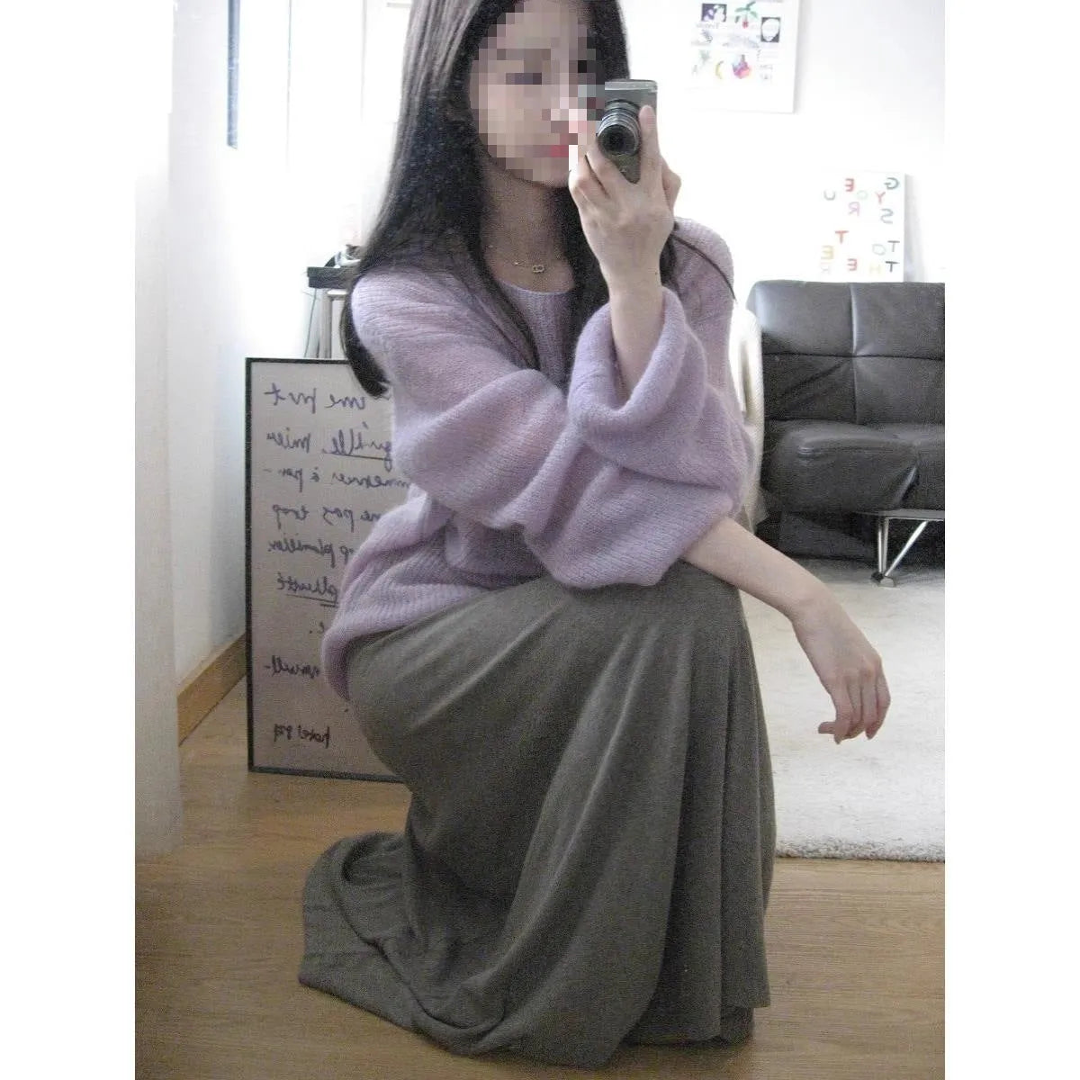 Purple women's blouse with hollow out patterns and princess sleeves in ice silk fabric