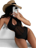 Women's black one-piece spun yarn swimsuit with nylon and spandex construction
