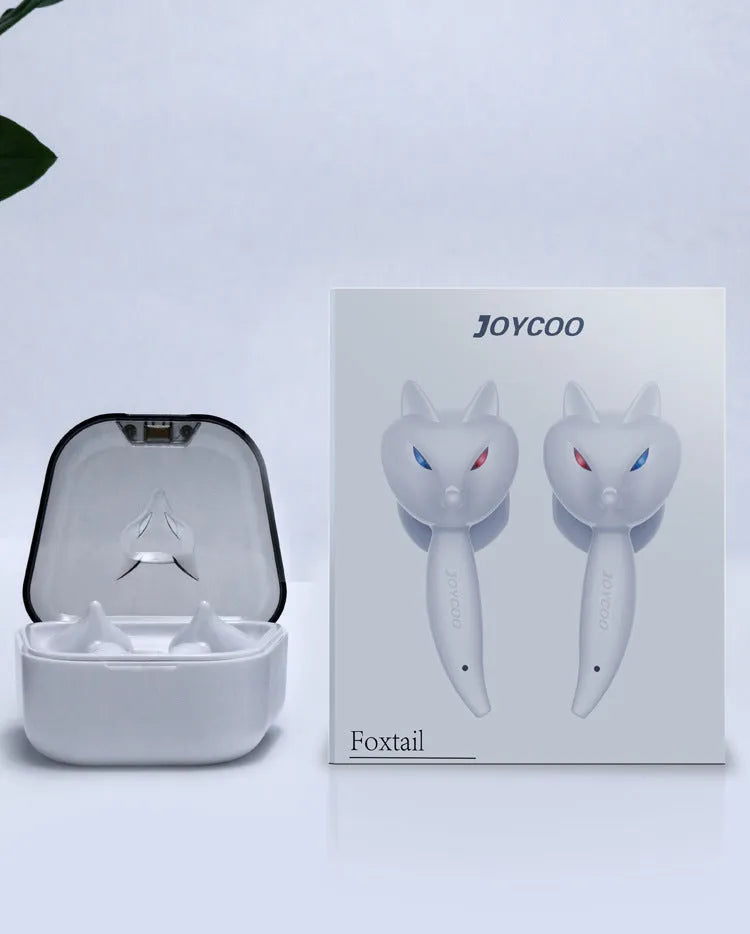 Cartoon fox Bluetooth wireless headset in red with dual earplug design and battery display