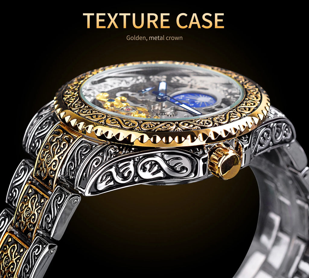Forsining yellow skeleton tourbillon mechanical watch with stainless steel band and visible movement