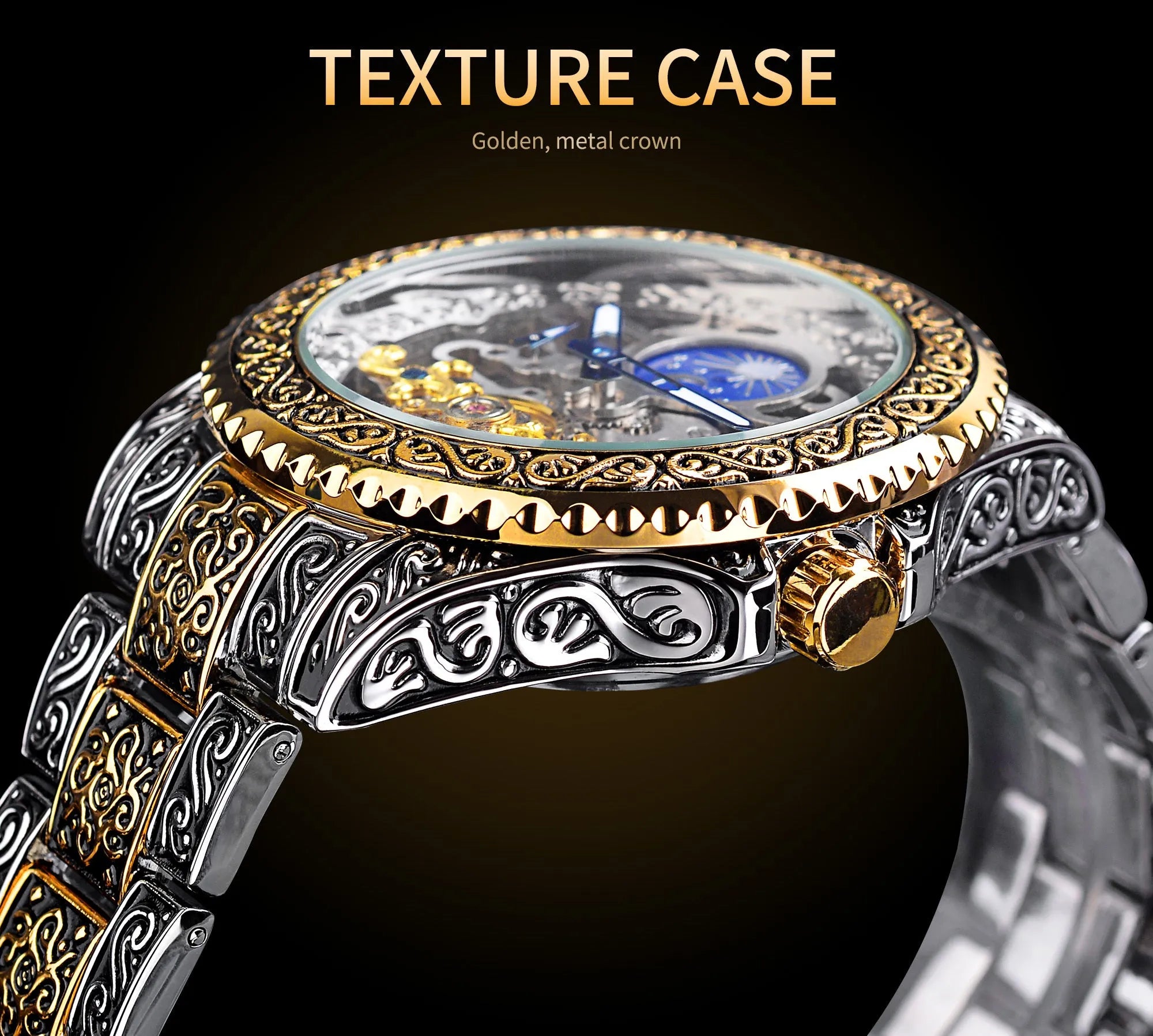 Forsining yellow skeleton tourbillon mechanical watch with stainless steel band and visible movement