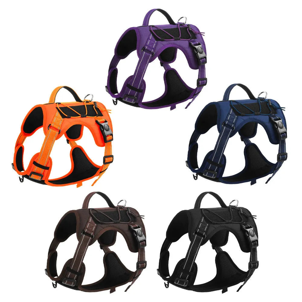 Orange dog harness vest with reflective trim and an attached black hand-holding rope leash.