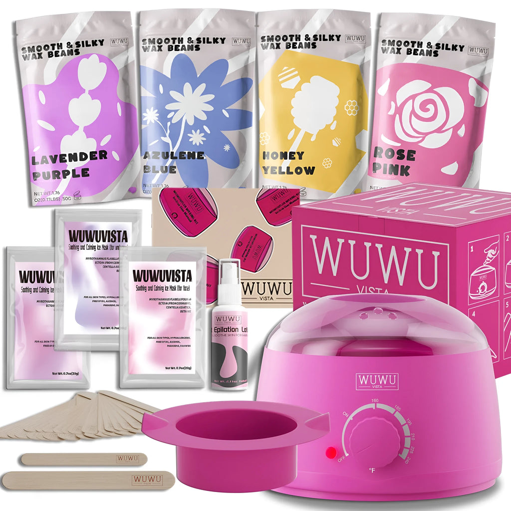 29-piece waxing gift set with compact wax warmer, wax beads, facial and body sticks, aftercare lotion and ice masks