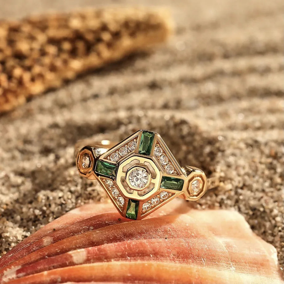 Women's geometric square emerald diamond ring with lvzuan gemstone in electroplated setting
