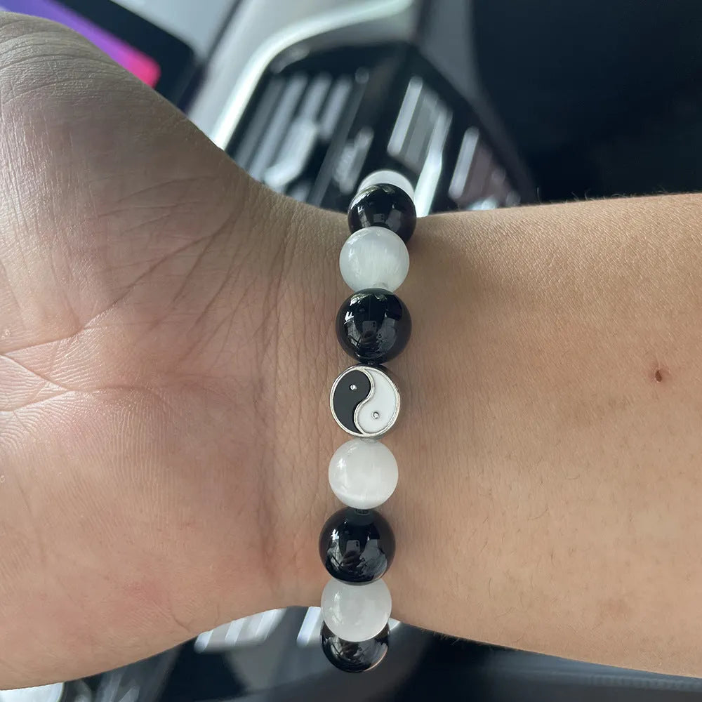Natural black agate and opal Tai Chi bracelet with 10mm polished beads in Chinese style