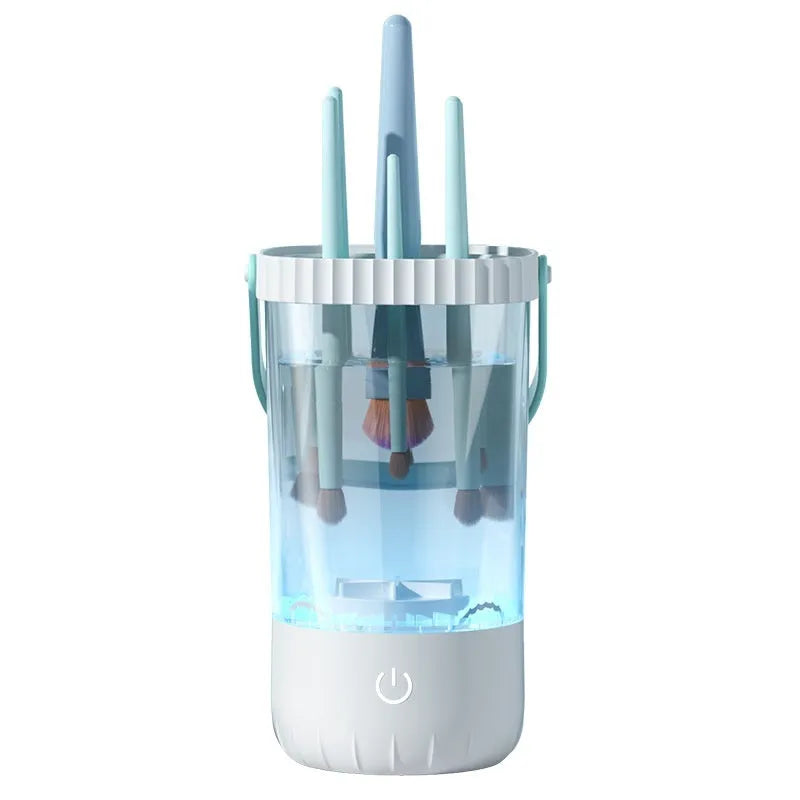 White plastic rechargeable electric makeup brush cleaner with USB cable