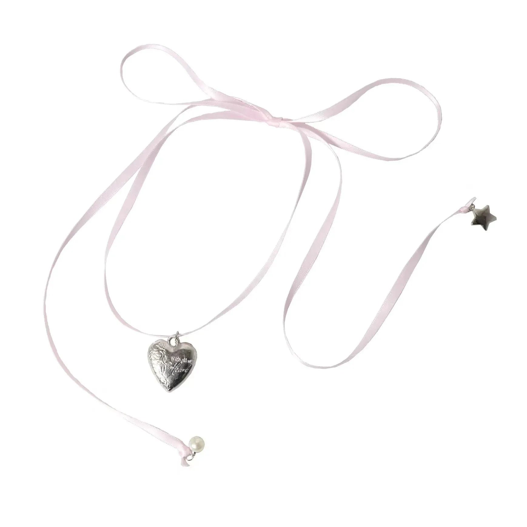 Women's alloy ribbon love pendant necklace on a 40 cm clavicle chain