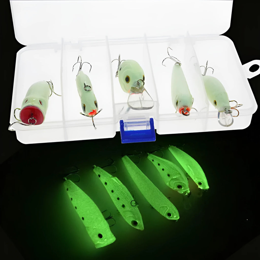 Five 3D fluorescent simulation luminous hard bait fishing lures with holographic finish in assorted colours