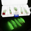 Five 3D fluorescent simulation luminous hard bait fishing lures with holographic finish in assorted colours