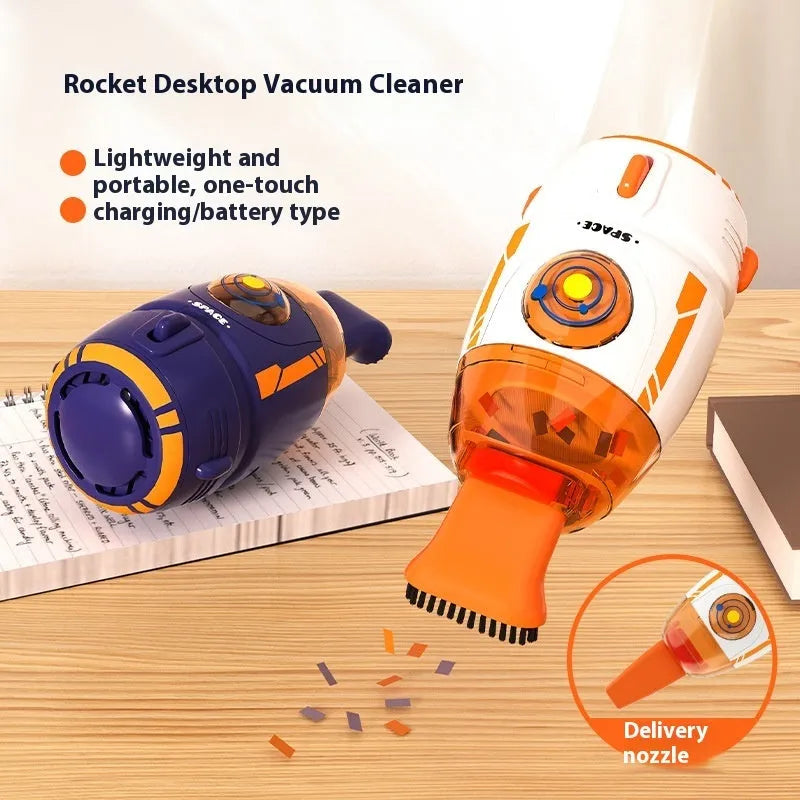 USB charging desktop vacuum cleaner in various colours including blue rocket, orange, gray white, and animal designs.