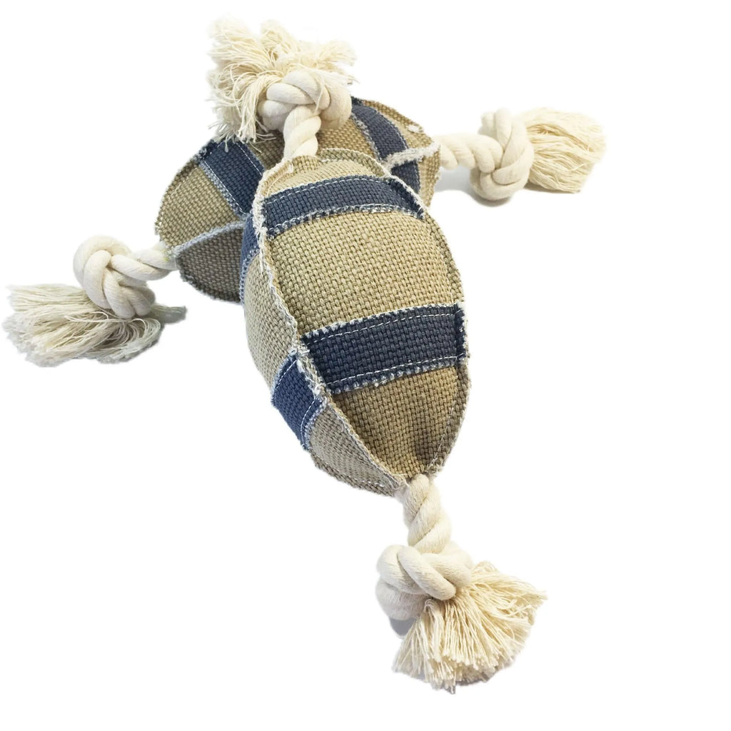 Linen cotton rope dog toy rugby football with bell, 24cm, bite resistant