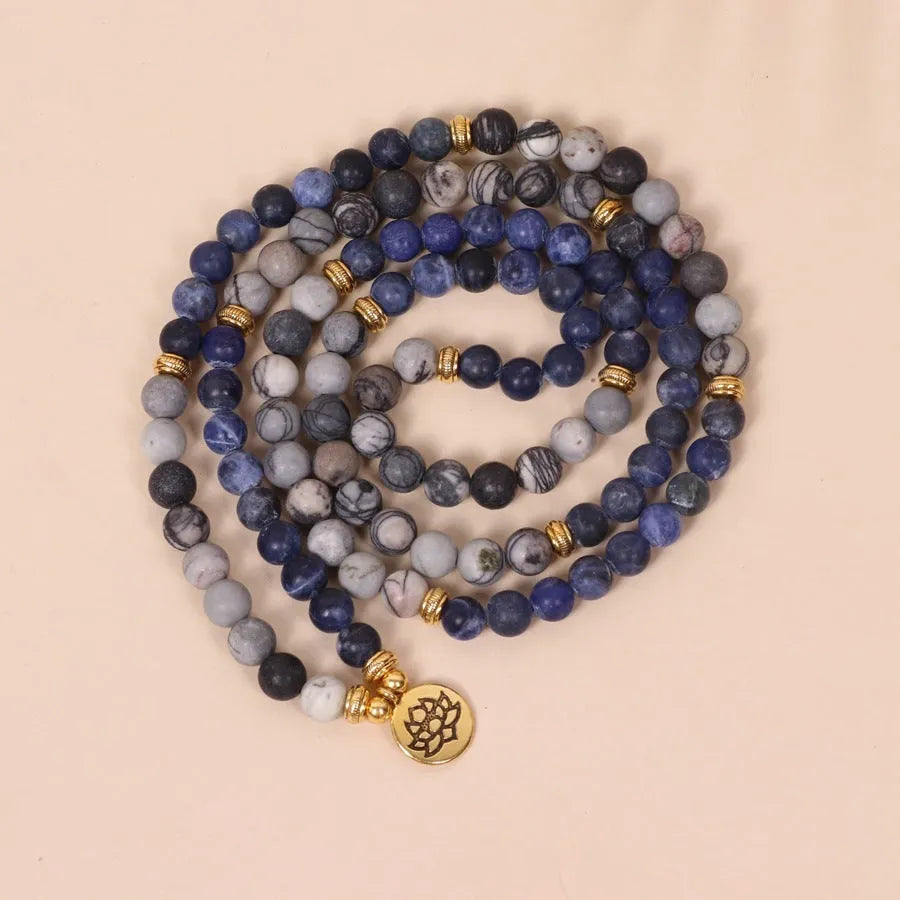 Multi-layer blue patterned network stone bead bracelet with adjustable cord closure