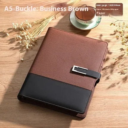 A5 business notebook with PU leather cover in brown, black, green, blue, or red, alongside a luxury gift box.