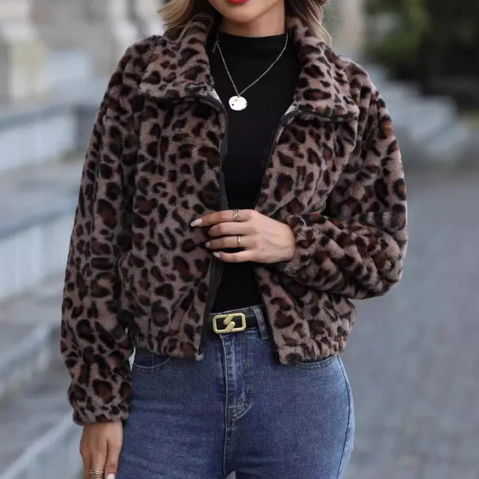 Women's leopard print winter coat with zip front and loose fit in rabbit fur plush fabric
