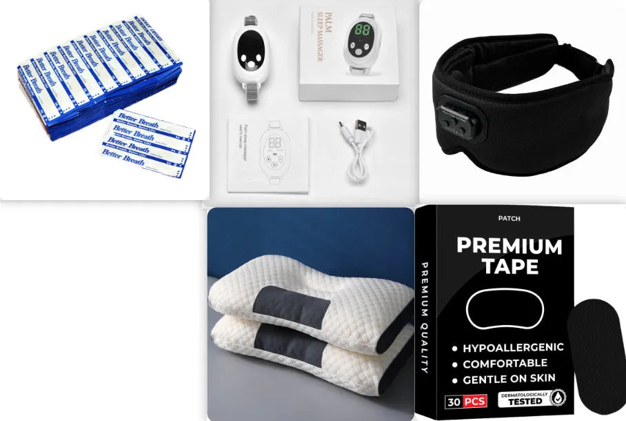 White insomnia help device with handheld remote control, sleep bracelet attachment, and USB charging cable