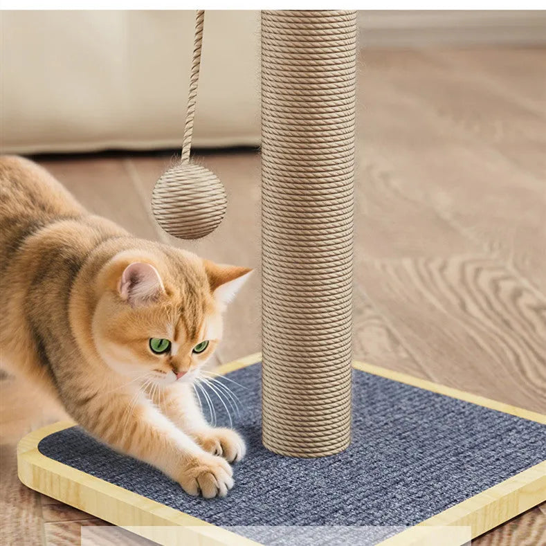 Windmill design cat climbing frame made of pine wood with a hanging ball toy and carpet leather surfaces.