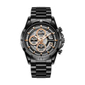 Men's stainless steel casual watch with luminous hands on wrist, showing blue dial and black case option.