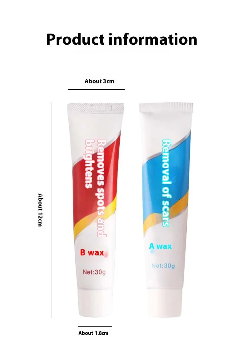 Car repair wax kit with Scratch Removal A Wax, Brightening B Wax, and a frosted sponge mop for paint restoration.