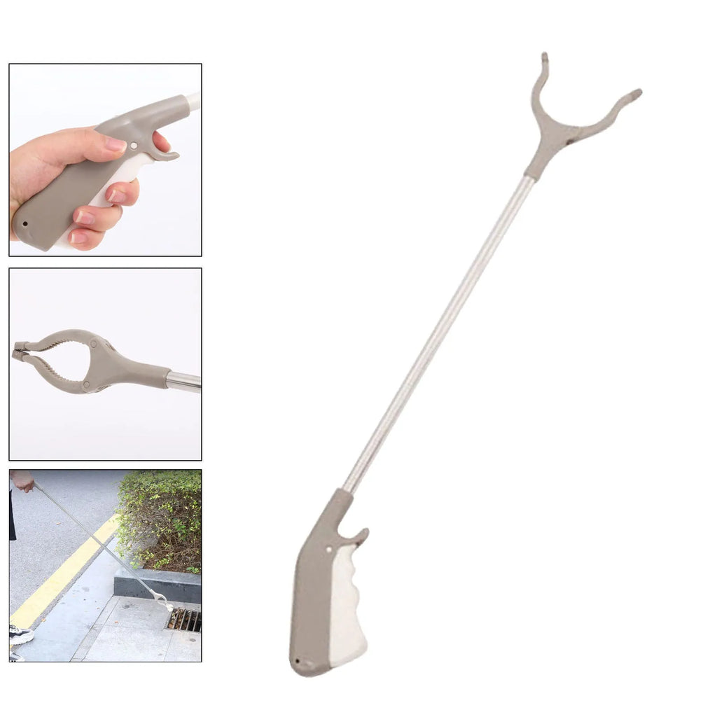 Stainless steel long-handled grabber tool with push-type handle for one-handed operation