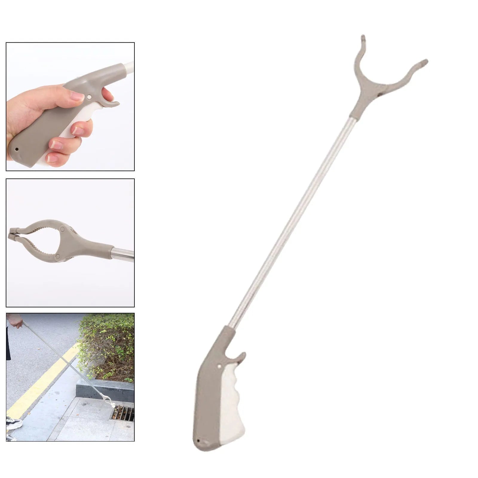 Stainless steel long-handled grabber tool with push-type handle for one-handed operation