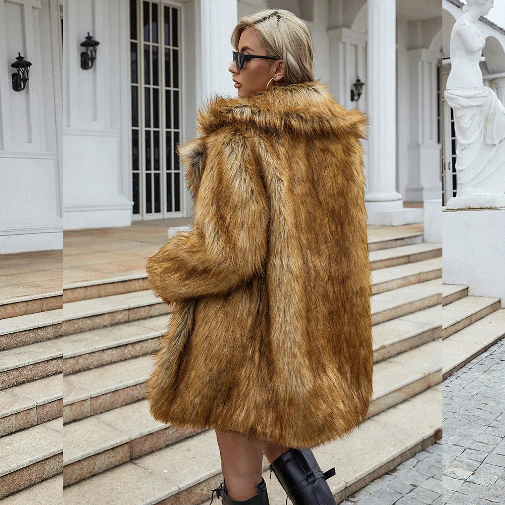 Yellow loose-fit women's artificial fur coat with regular sleeves and 80cm length
