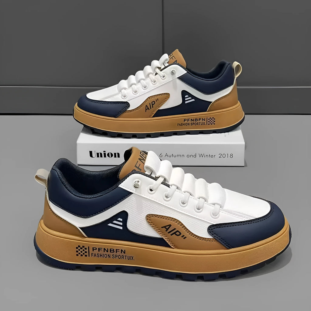 Men's white and orange casual sports shoes with round toe and artificial PU upper