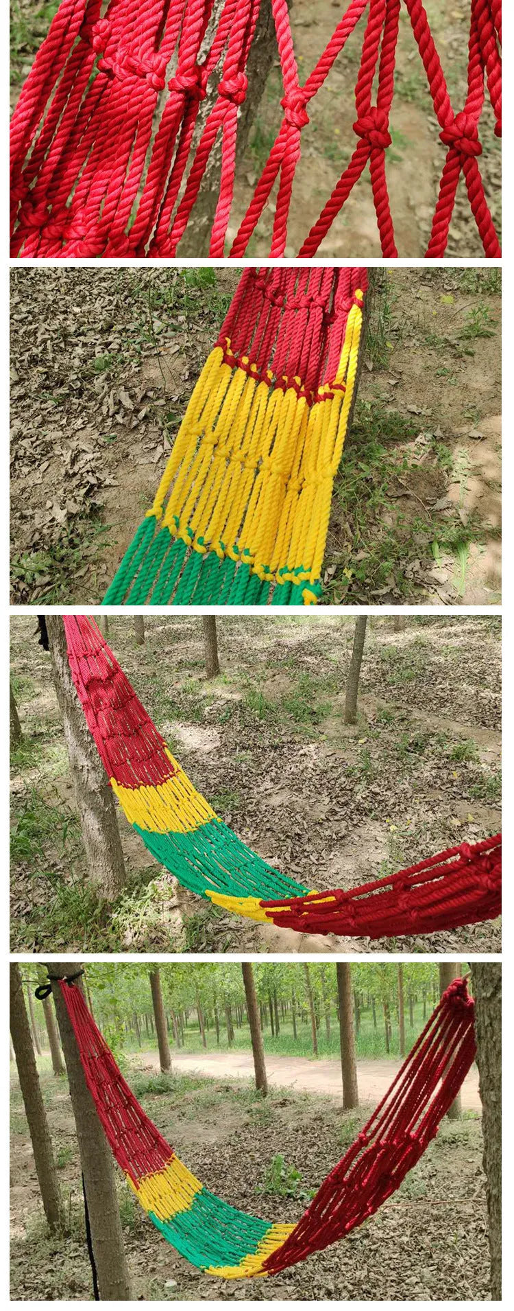 Outdoor nylon rope mesh hammock with tying materials