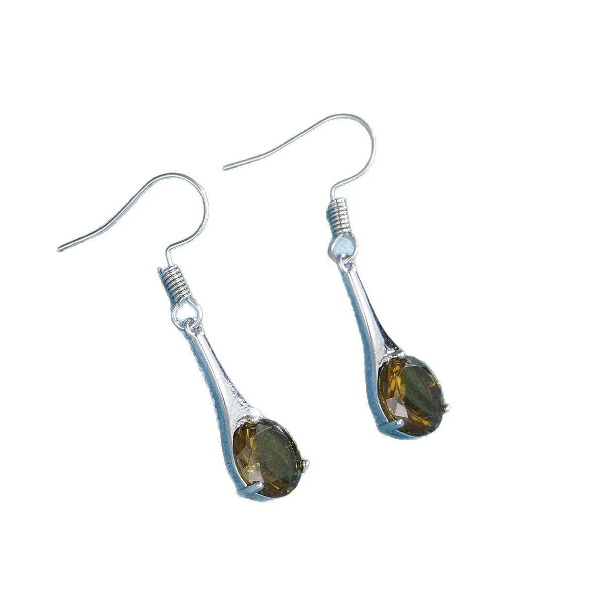 Olive green topaz water drop shaped earrings with electroplated finish and retro styling