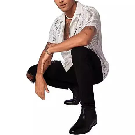 Men's black knitted short-sleeved button cardigan shirt with jacquard texture on a hanger.