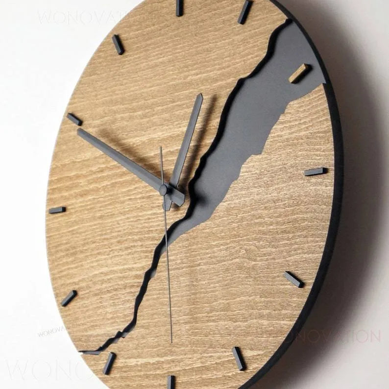 Modern wooden wall clock with a creative crack finish, shown in one of five available colour options.