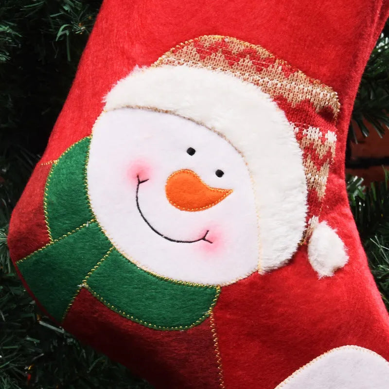 American style Christmas stocking in non-woven fabric featuring Elk, Old Man, or Snowman design for festive hanging decoration