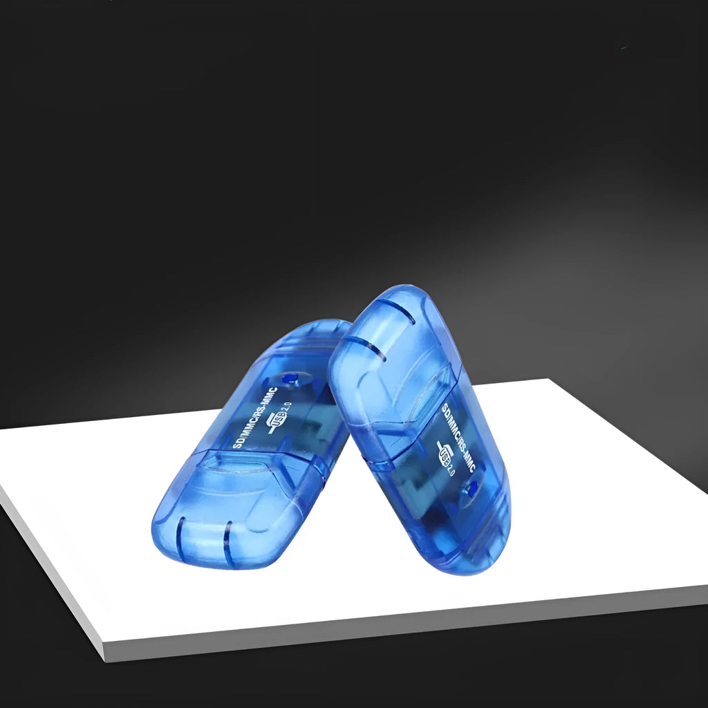 Transparent USB card reader with LED light showing internal components and memory card slots