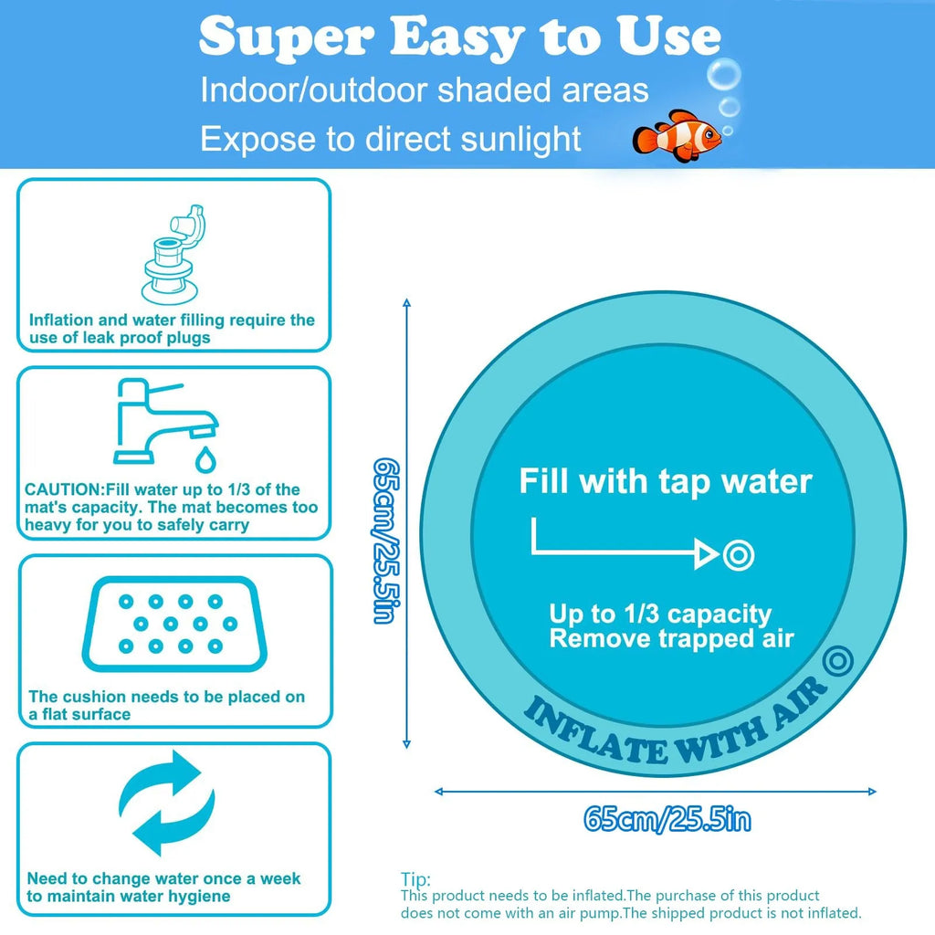Thickened PVC water playmat for cats and dogs on floor with floating fish toys inside.